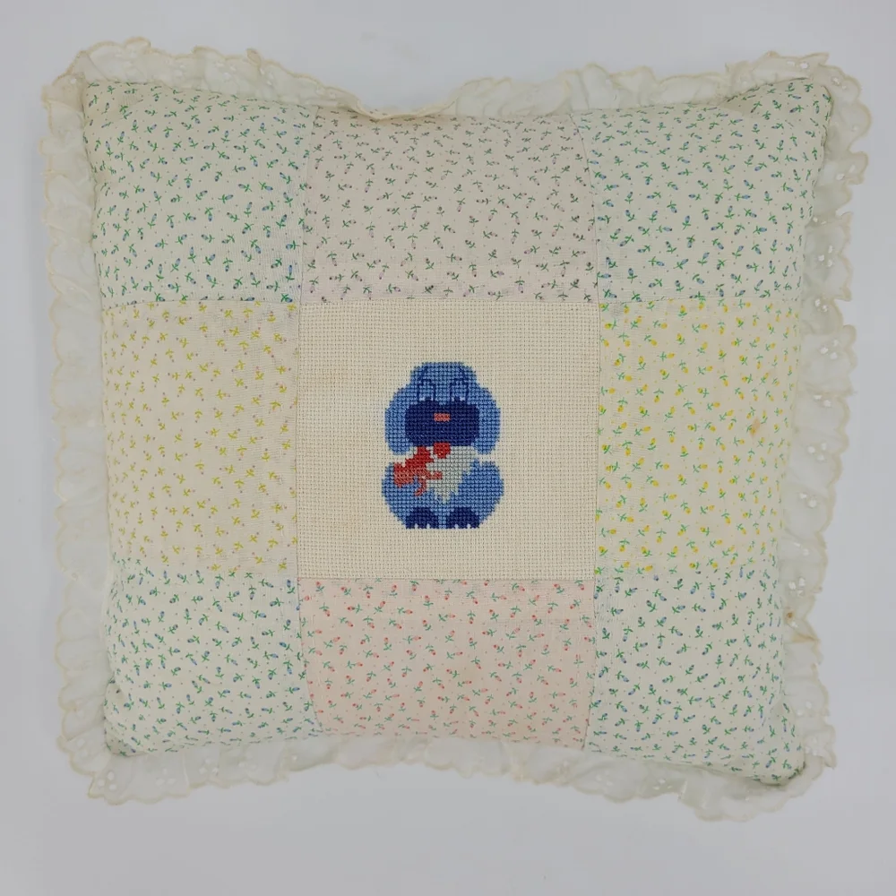 Handmade Vintage Quilted Cross Stitch Pillow Floral Dog Puppy Lace Grandma